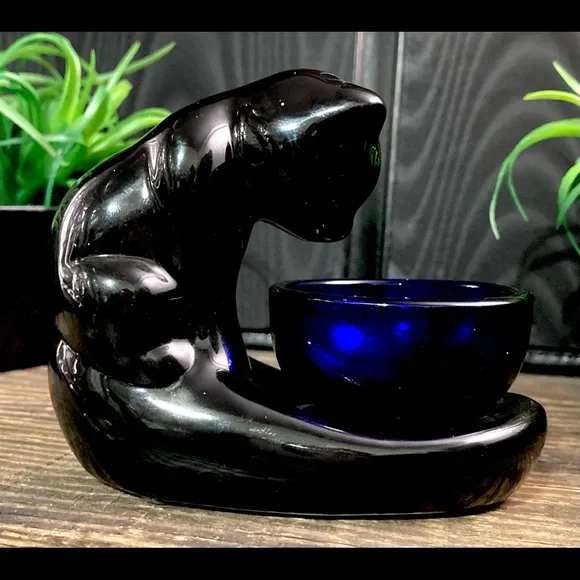 Vintage Haeger Style Black Cat | Gazing Bowl | Art Glass Cobalt Bowl - Picture 8 of 13